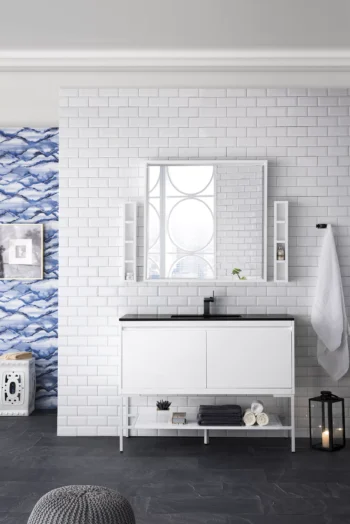 Milan 47.3" Single Vanity, Glossy White, Glossy White w/ Charcoal Black Composite Stone Top - Image 2