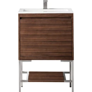 Mantova 23.6″ Single Vanity, Mid-Century Walnut, Brushed Nickel Base w/ Glossy White Composite Stone Top