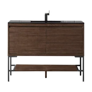 Mantova 47.3″ Single Vanity, Mid-Century Walnut, Matte Black Base w/ Charcoal Black Composite Stone Top