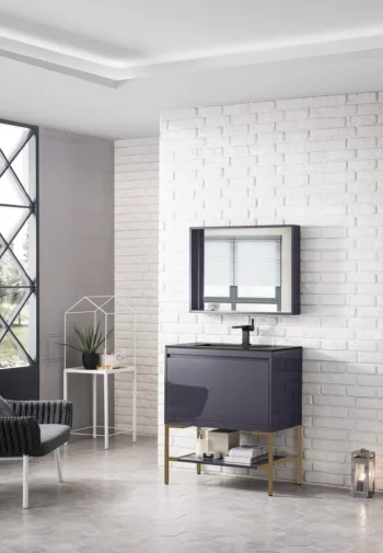 Milan 31.5" Single Vanity, Modern Gray Glossy, Radiant Gold w/ Charcoal Black Composite Stone Top - Image 3