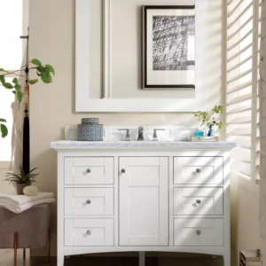 Palisades 48″ Single Vanity, Bright White w/ 3 CM Carrara Marble Top