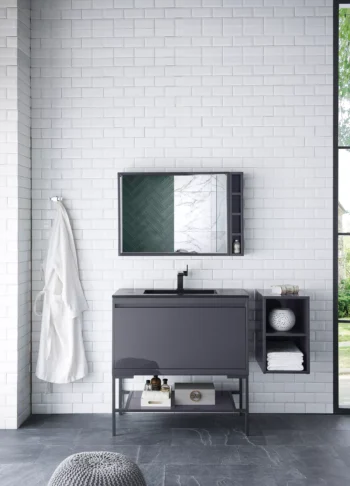 Milan 35.4" Single Vanity, Modern Gray Glossy, Matte Black w/ Charcoal Black Composite Stone Top - Image 2
