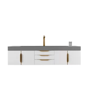 Mercer Island 72″ Single Vanity, Glossy White, Radiant Gold w/ Dusk Grey Glossy Composite Stone Top