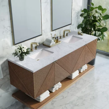 Marcello 72" Double Vanity, Chestnut w/ 3 CM Carrara Marble Top - Image 5