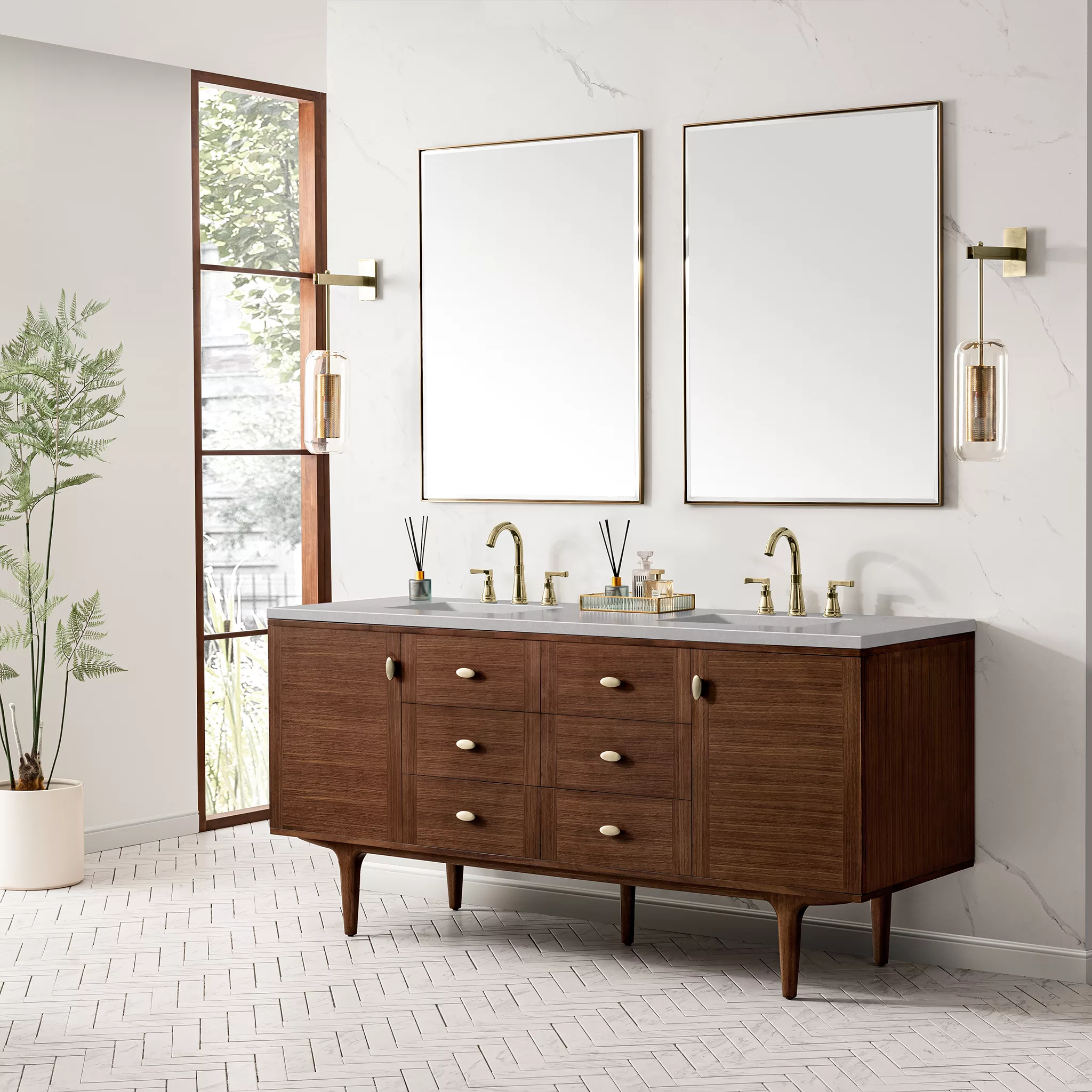 Amberly 72" Double Vanity, Mid-Century Walnut w/ 3 CM Eternal Serena Top - Image 5