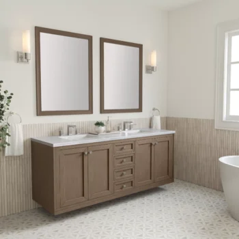 Chicago 72" Double Vanity, Whitewashed Walnut w/ 3 CM Arctic Fall Solid Surface Top - Image 5