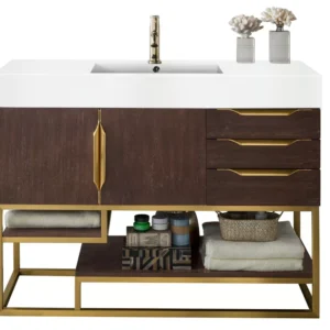 Columbia 48″ Single Vanity, Coffee Oak, Radiant Gold w/ Glossy White Composite Stone Top