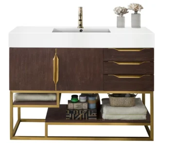 Columbia 48" Single Vanity, Coffee Oak, Radiant Gold w/ Glossy White Composite Stone Top
