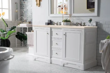 De Soto 60" Double Vanity, Bright White w/ 3 CM Eternal Marfil Quartz Top - Image 3