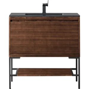 Mantova 35.4″ Single Vanity, Mid-Century Walnut, Matte Black Base w/ Charcoal Black Composite Stone Top