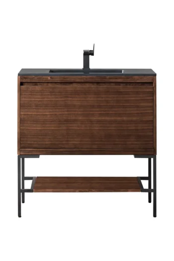 Mantova 35.4" Single Vanity, Mid-Century Walnut, Matte Black Base w/ Charcoal Black Composite Stone Top