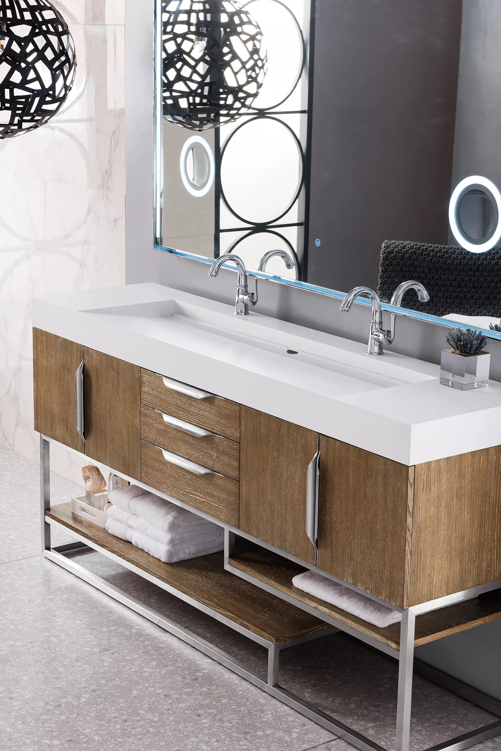 Columbia 72" Double Vanity, Latte Oak w/ Glossy White Composite Stone Top - Image 6