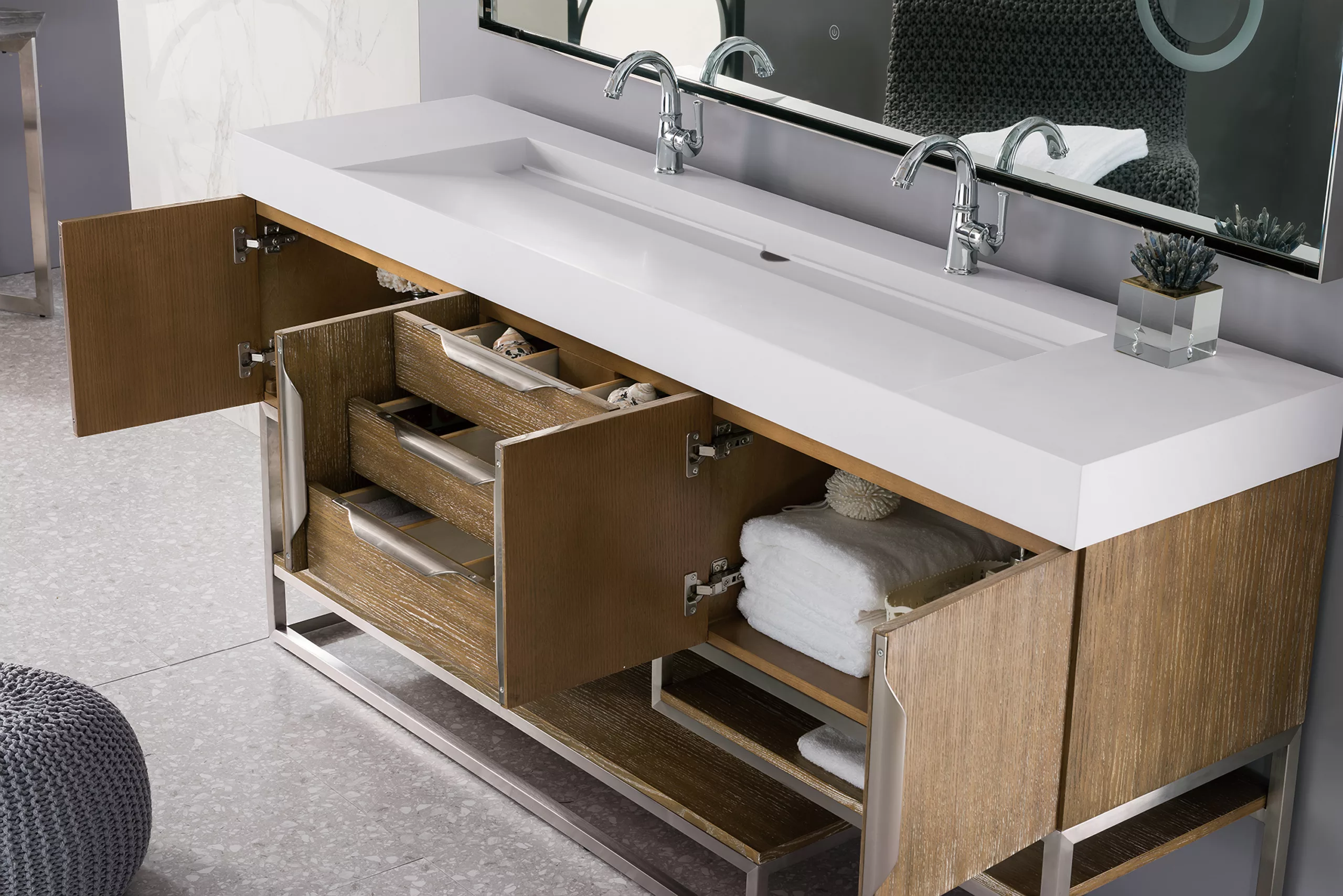 Columbia 72" Double Vanity, Latte Oak w/ Glossy White Composite Stone Top - Image 4