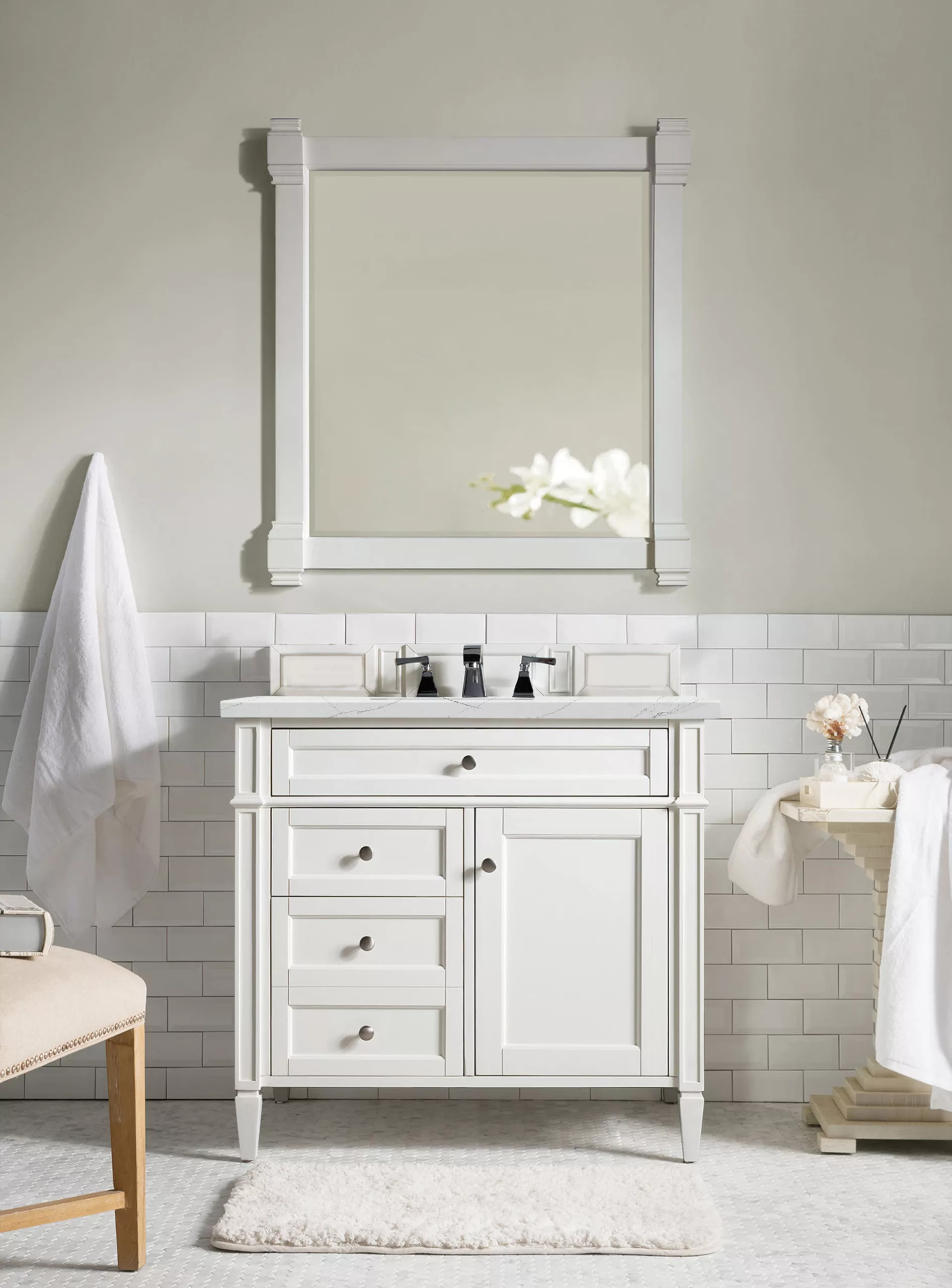 Brittany 36" Single Vanity, Bright White w/ 3 CM Ethereal Noctis Quartz Top - Image 2