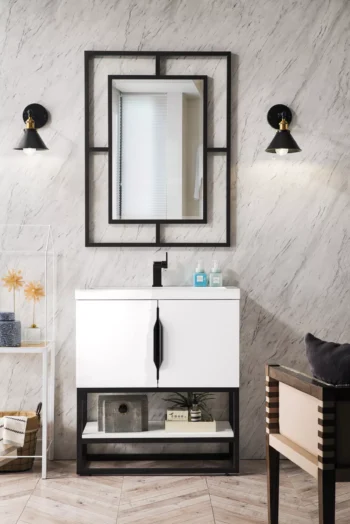 Columbia 31.5" Single Vanity, Glossy White, Matte Black, w/ White Glossy Composite Stone Top - Image 2