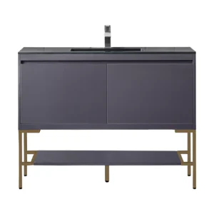 Milan 47.3″ Single Vanity, Modern Gray Glossy, Radiant Gold w/ Charcoal Black Composite Stone Top