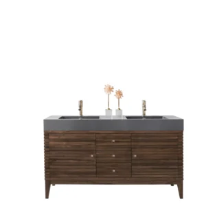 Linear 59″ Double Vanity, Mid-Century Walnut w/ Dusk Grey Glossy Composite Stone Top