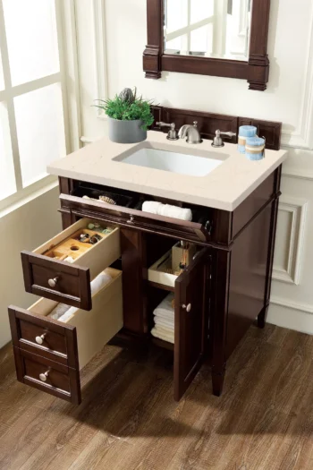 Brittany 30" Single Vanity, Burnished Mahogany, w/ 3 CM Eternal Marfil Quartz Top - Image 4