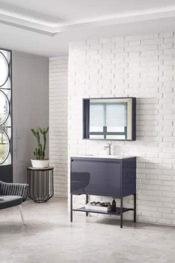 Milan 31.5" Single Vanity, Modern Gray Glossy, Matte Black w/ Glossy White Composite Stone Top - Image 3