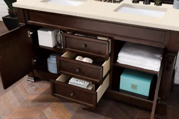 Brookfield 60" Double Vanity, Burnished Mahogany w/ 3 CM Eternal Marfil Quartz Top - Image 4
