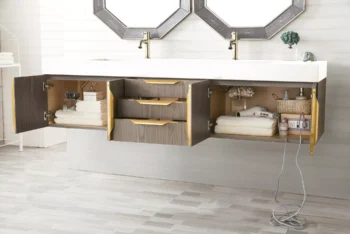 Mercer Island 72" Double Vanity, Ash Gray, Radiant Gold w/ Glossy White Composite Stone Top - Image 5