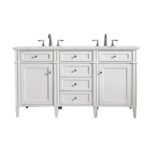 Brittany 60″ Double Vanity, Bright White Vanity w/ 3 CM Ethereal Noctis Quartz Top