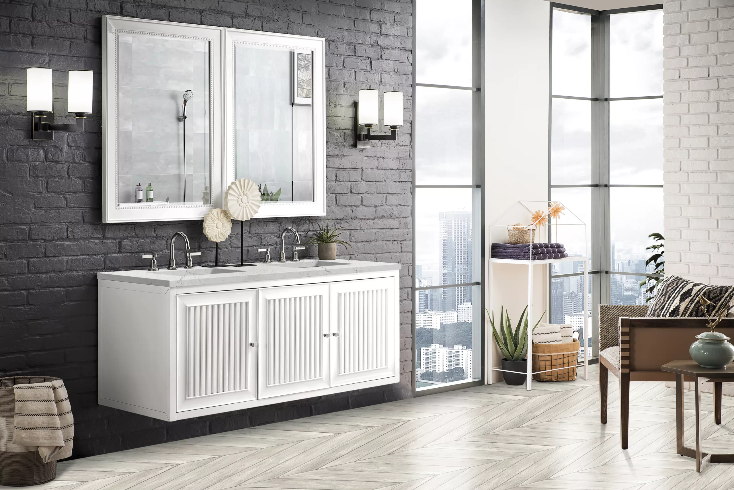 Athens 60" Double Vanity, Glossy White w/ 3 CM Eternal Jasmine Pearl Quartz Top - Image 6