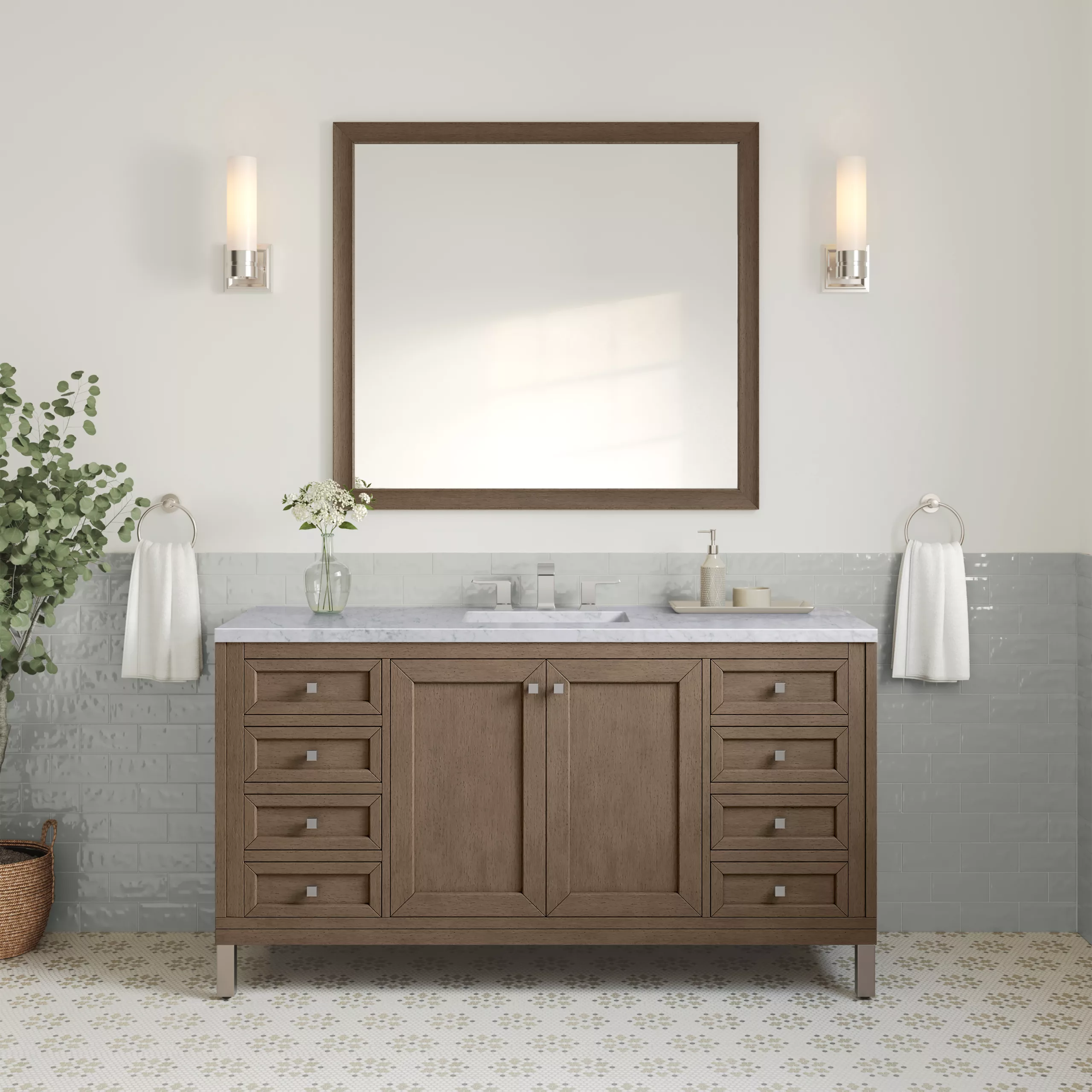 Chicago 60" Single Vanity, Whitewashed Walnut w/ 3 CM Carrara Marble Top - Image 2