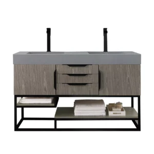 Columbia 59″ Double Vanity, Ash Gray, Matte Black w/ Dusk Grey Glossy Composite Stone Top