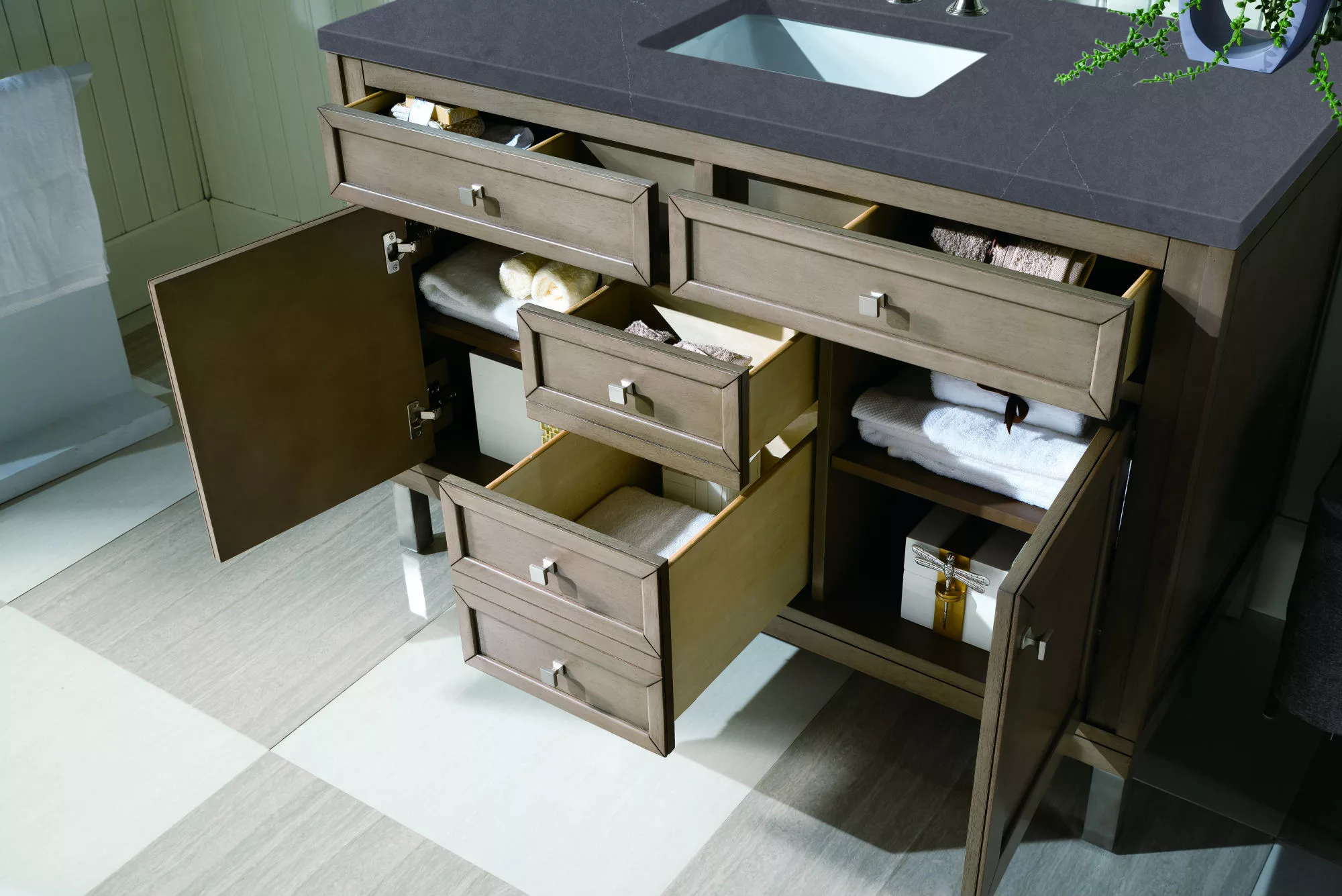 Chicago 48" Single Vanity, Whitewashed Walnut w/ 3 CM Charcoal Soapstone Quartz Top - Image 6