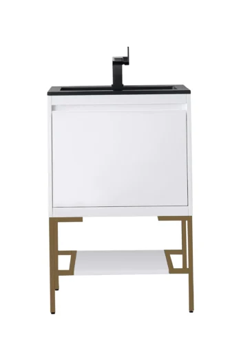 Milan 23.6" Single Vanity, Glossy White, Radiant Gold w/ Charcoal Black Composite Stone Top
