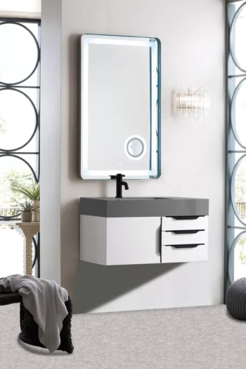 Mercer Island 36" Single Vanity, Glossy White, Matte Black w/ Dusk Grey Glossy Composite Stone Top - Image 3