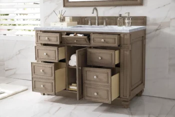 Bristol 48" Single Vanity, Whitewashed Walnut w/ 3 CM Carrara Marble Top - Image 4