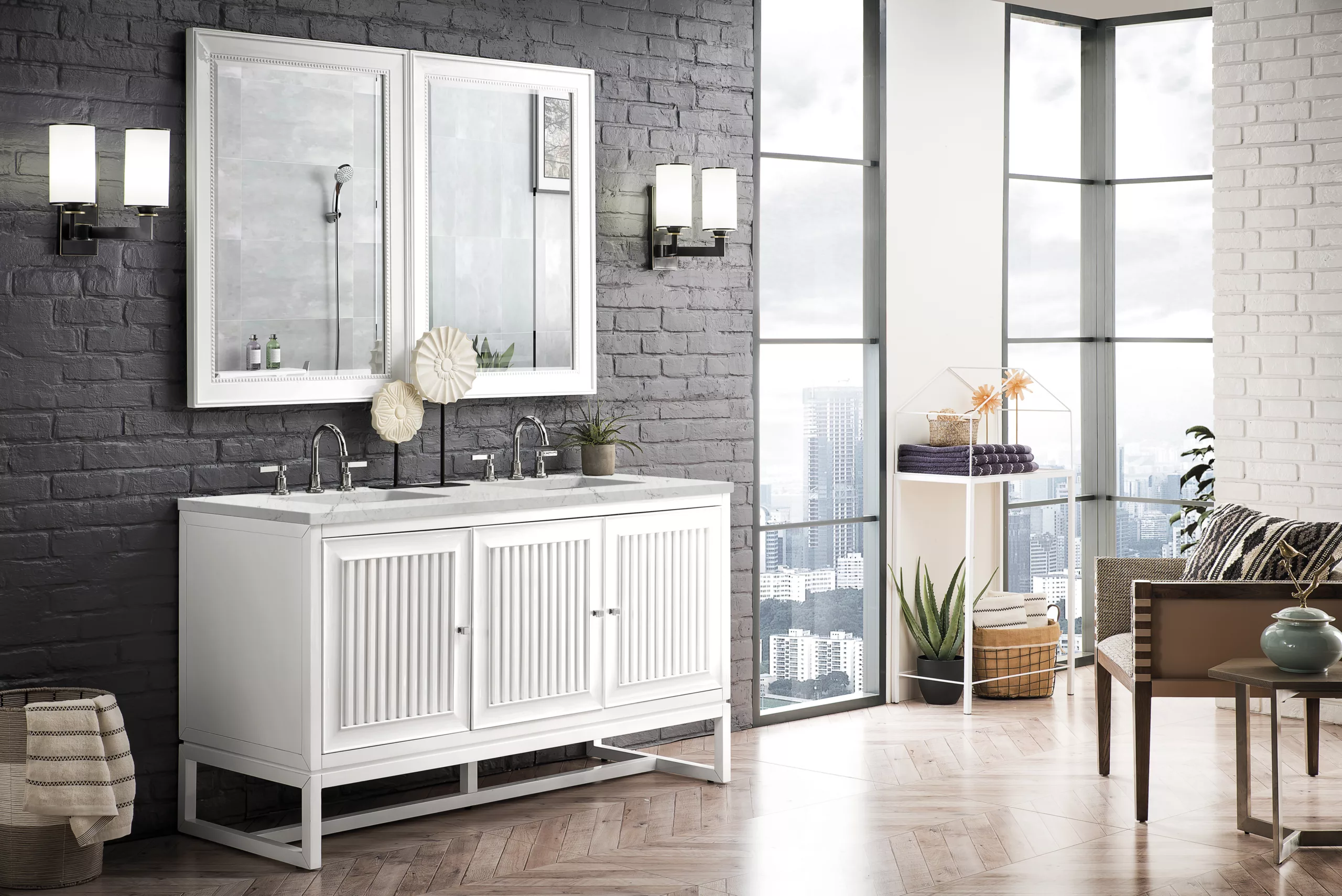 Athens 60" Double Vanity, Glossy White w/ 3 CM Eternal Jasmine Pearl Quartz Top - Image 4