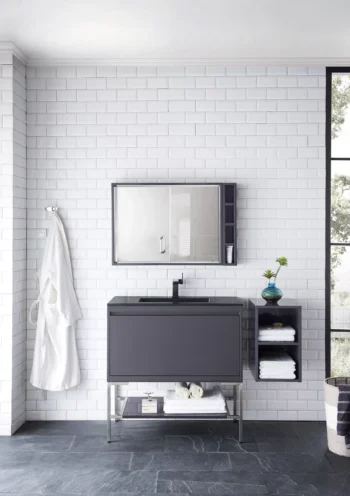 Milan 35.4" Single Vanity, Modern Gray Glossy, Brushed Nickel w/ Charcoal Black Composite Stone Top - Image 2