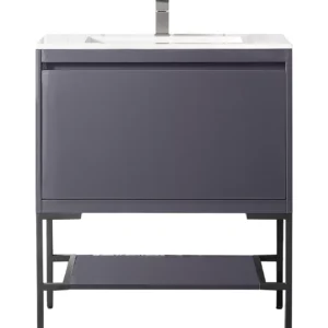 Milan 31.5″ Single Vanity, Modern Gray Glossy, Matte Black w/ Glossy White Composite Stone Top