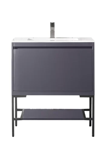 Milan 31.5" Single Vanity, Modern Gray Glossy, Matte Black w/ Glossy White Composite Stone Top