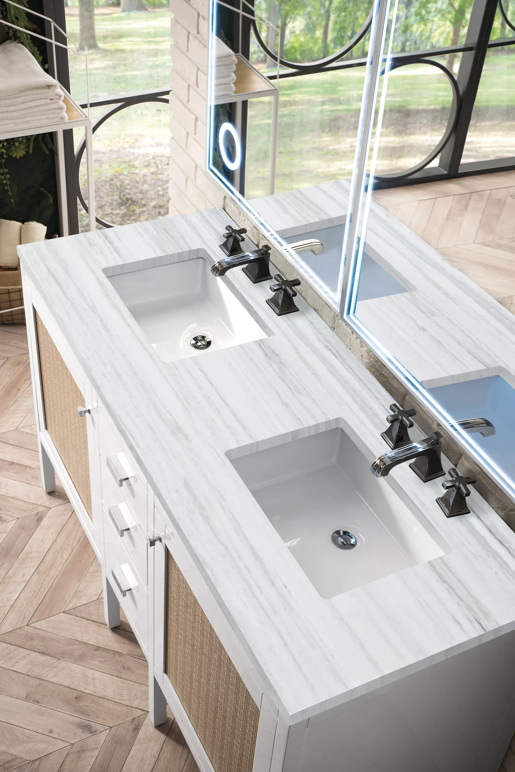 Addison 60" Double Vanity, Glossy White w/ 3 CM Arctic Fall Solid Surface Top - Image 3