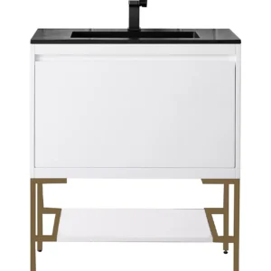 Milan 31.5″ Single Vanity, Glossy White, Radiant Gold w/ Charcoal Black Composite Stone Top