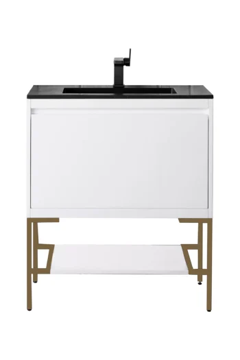 Milan 31.5" Single Vanity, Glossy White, Radiant Gold w/ Charcoal Black Composite Stone Top
