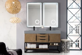Columbia 59" Double Vanity, Latte Oak, Matte Black w/ Dusk Grey Glossy Composite Stone Top - Image 2