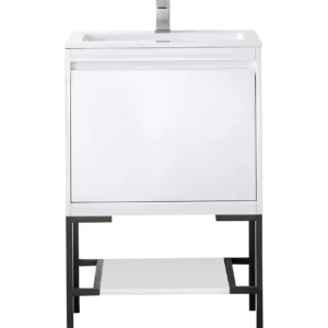 Milan 23.6″ Single Vanity, Glossy White, Matte Black w/ Glossy White Composite Stone Top