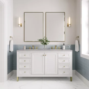 Chicago 60" Double Vanity, Glossy White w/ 3 CM Eternal Serena Top - Image 2