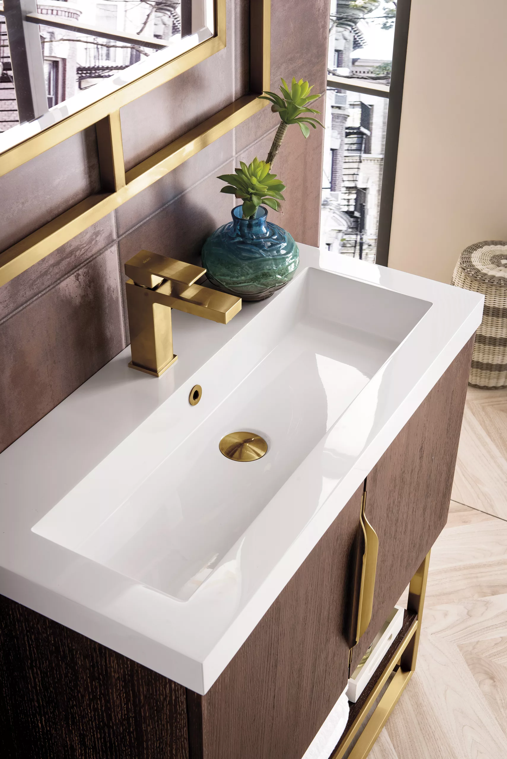 Columbia 31.5" Single Vanity, Coffee Oak, Radiant Gold, w/ Glossy White Composite Stone Top - Image 5
