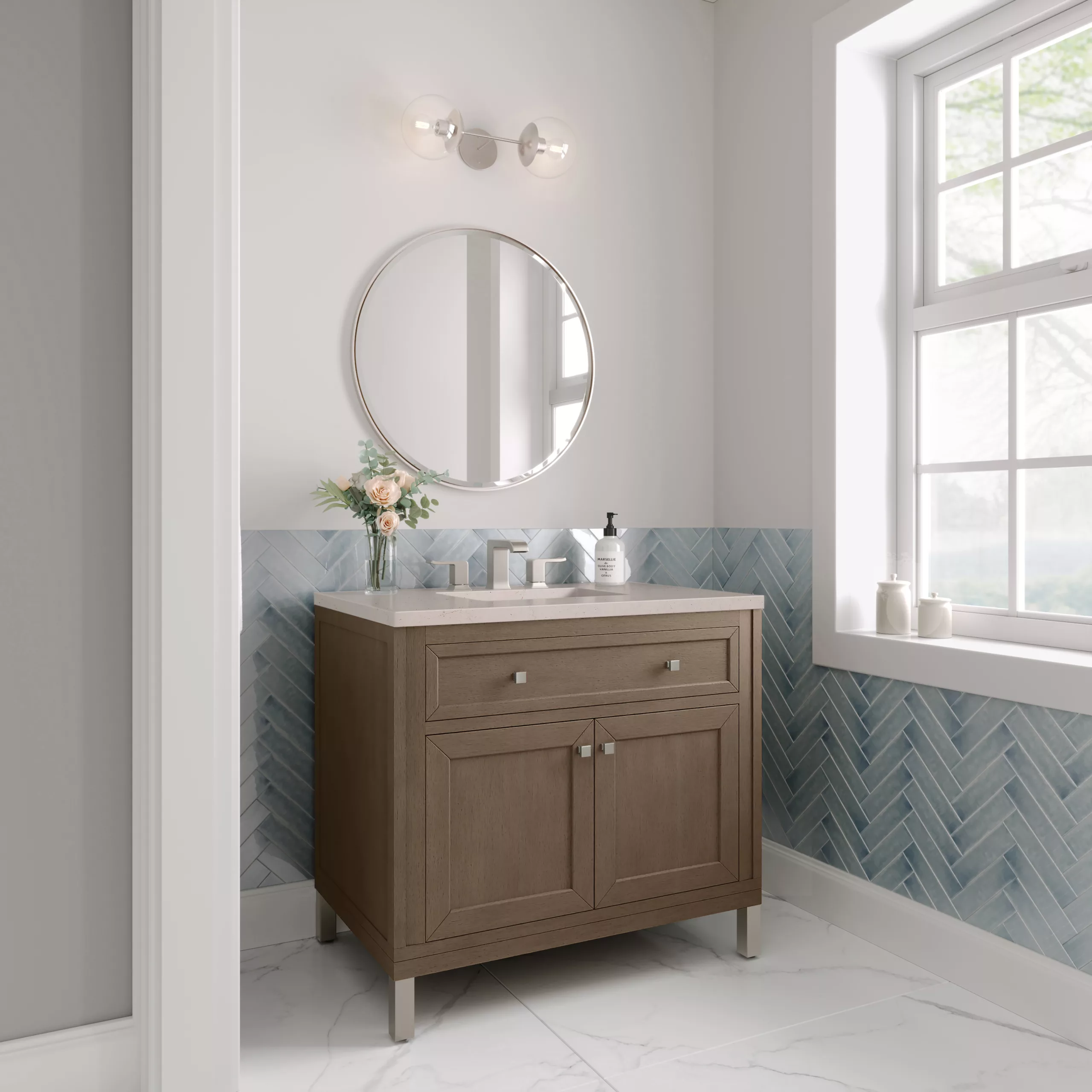 Chicago 36" Single Vanity, Whitewashed Walnut w/ 3 CM Eternal Marfil Quartz Top - Image 4