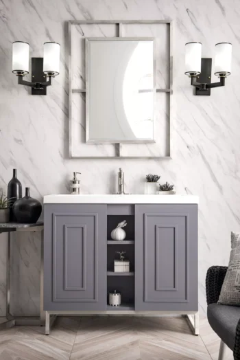 Alicante 39.5" Single Vanity, Gray Smoke, Brushed Nickel w/ White Glossy Composite Stone Top - Image 2