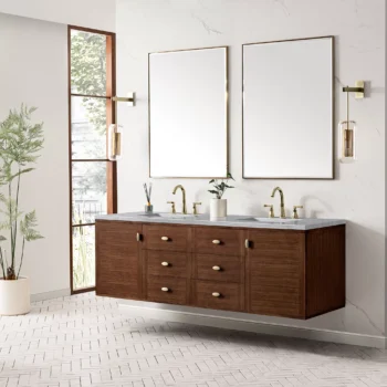 Amberly 72" Double Vanity, Mid-Century Walnut w/ 3 CM Arctic Fall Top - Image 6