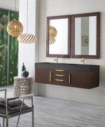 Mercer Island 59" Double Vanity, Coffee Oak, Radiant Gold w/ Dusk Grey Glossy Composite Stone Top - Image 3