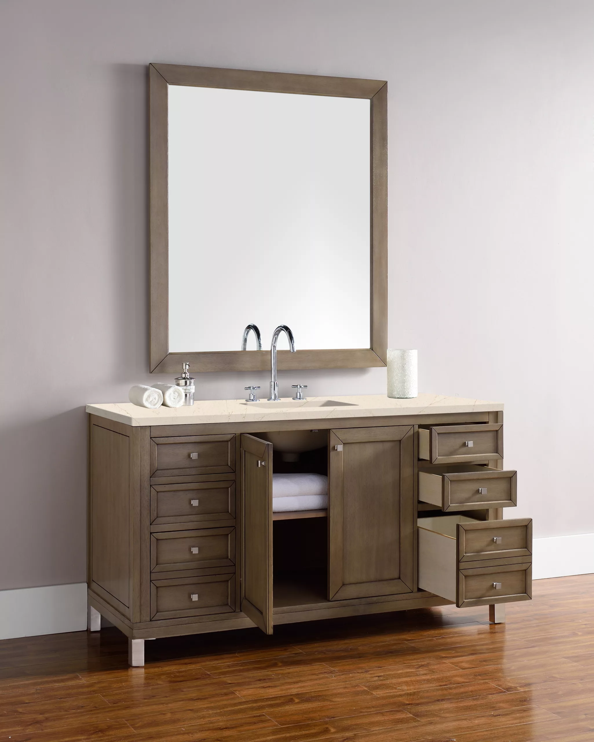 Chicago 60" Single Vanity, Whitewashed Walnut w/ 3 CM Eternal Marfil Quartz Top - Image 6