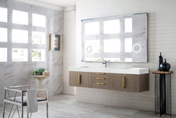 Mercer Island 72" Single Vanity, Ash Gray, Radiant Gold w/ Glossy White Composite Stone Top - Image 3